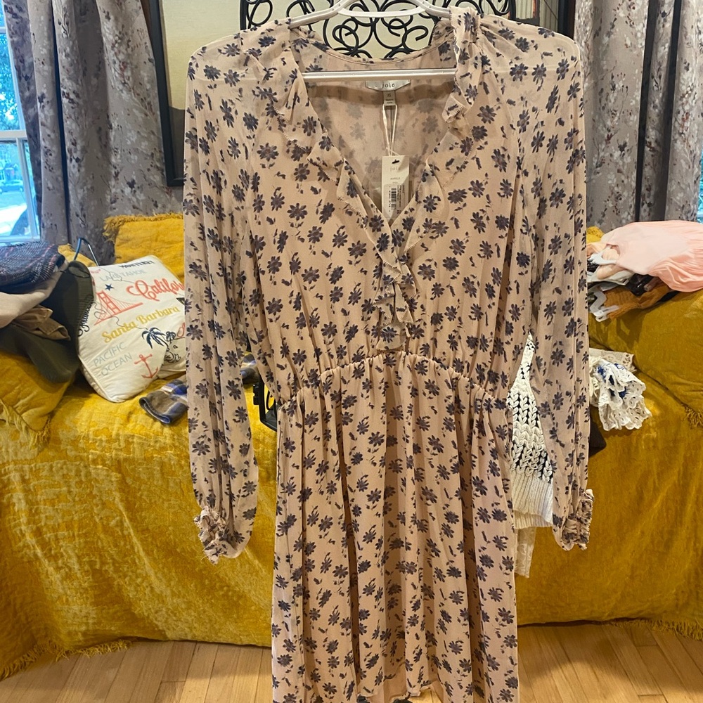 Joie Beige and Navy Floral Long Sleeve Dress